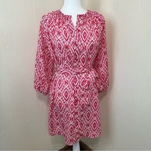 Anthropologie MAEVE Red Ikat Print Button Down Sheer Belted Dress Size Small